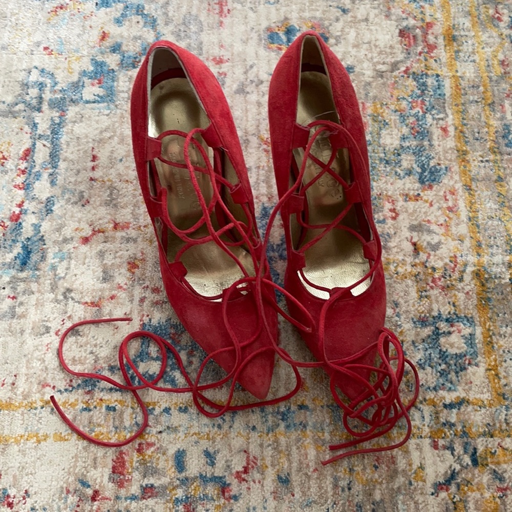 Red Suede Lace Up Heels - Lightly Worn Size 37